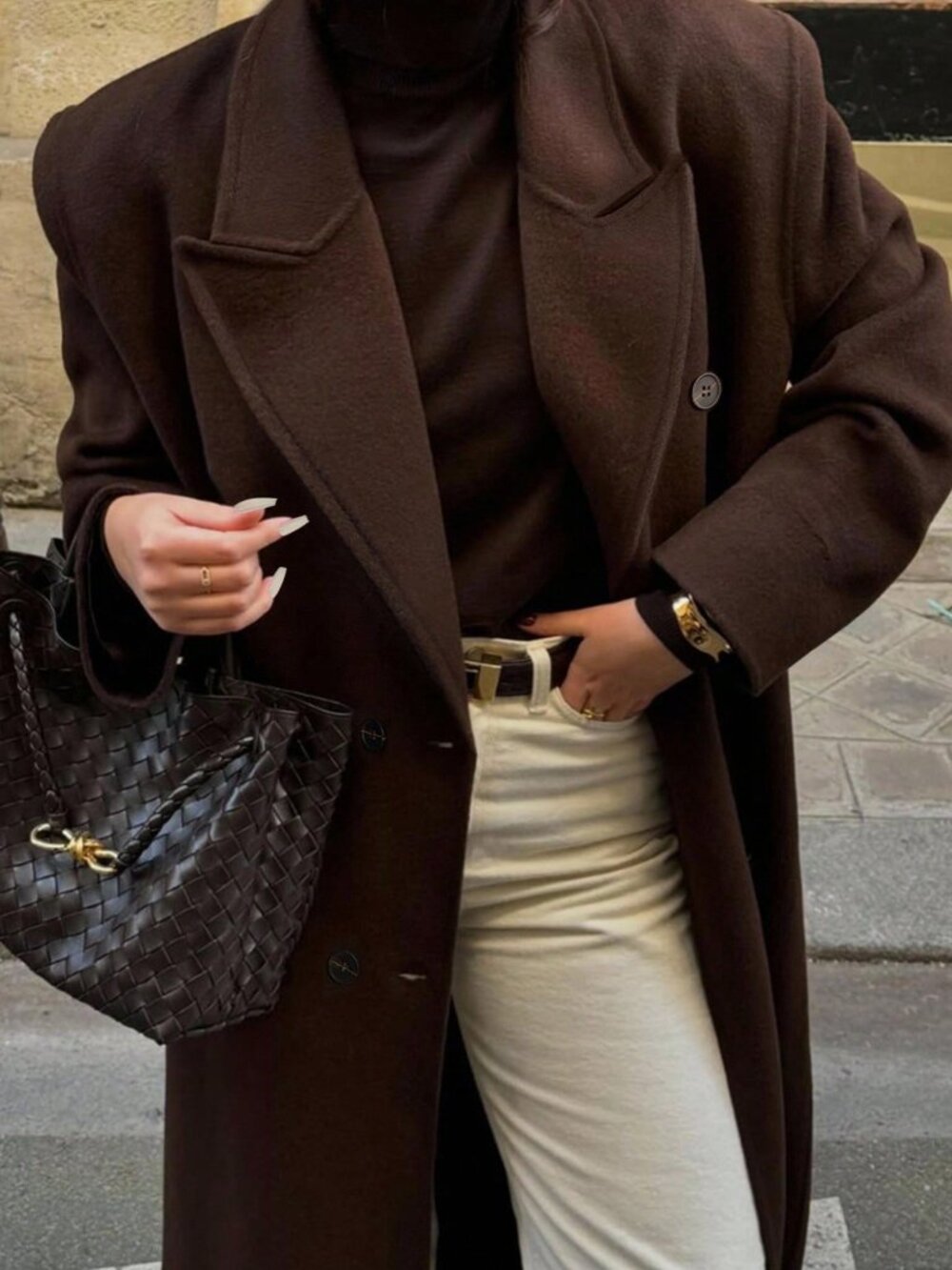 Coffee Brown Casual Women's Regular Fit Lapel Button Pocket Midi Long Jacket